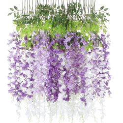 Thiccywoov 24 Pcs Wisteria Hanging Flowers 3.6 Feet Artificial Fake Wisteria Flower Vine Garland Ratta For Backdrop Wedding Decor Home Party(Purple, W