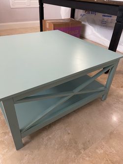 Teal Wood Coffee Table with Bottom Shelf
