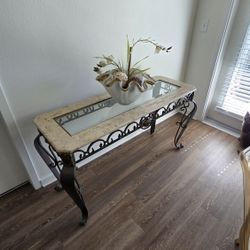 Elegant Vintage Wrought Iron Console Table with Marble & Glass Top