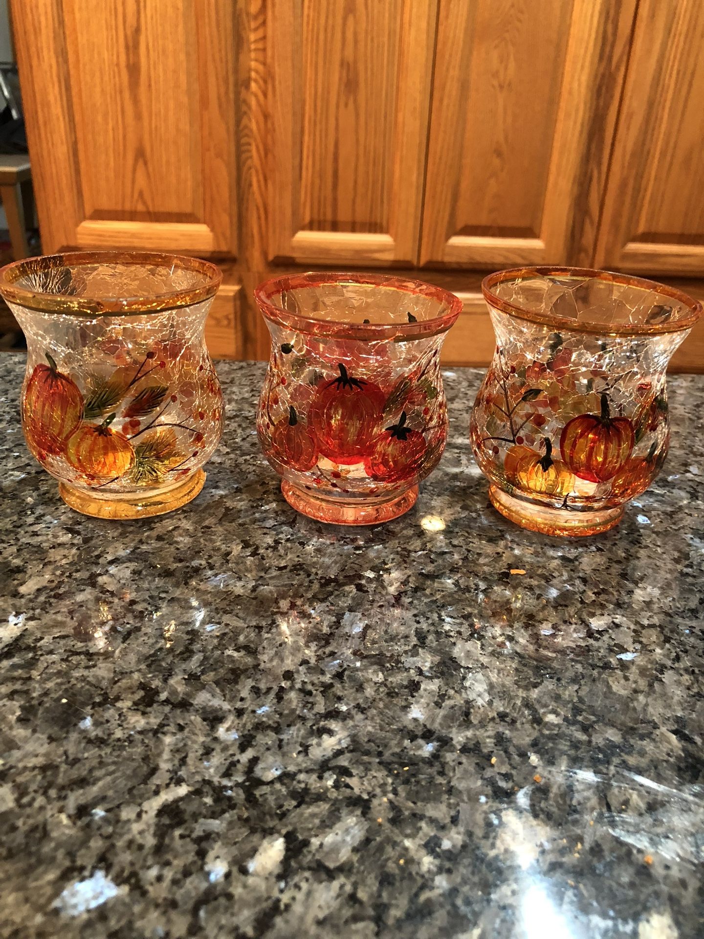 Lot Of 3 Fall Candle Holders. Crackle Glass With Pumpkins, Leaves And Berries. Size 3 1/2 inches Tall . Brand New With Tags