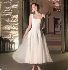Princess White Bell Skirt Midi Wedding Dress