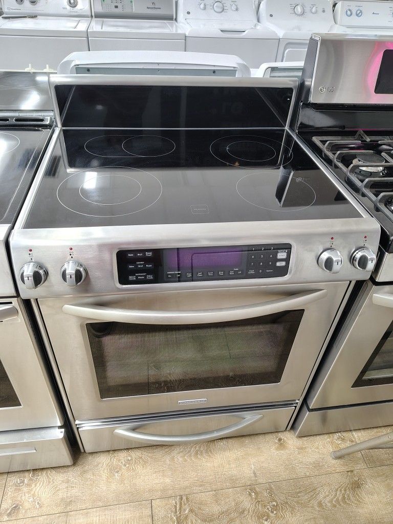 Kitchen Aid Eléctric Stove Stainless Steel Top Glass In Excellent Working Condition