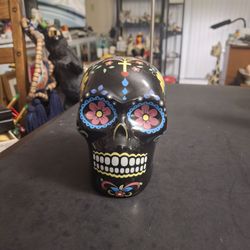 Decorative Ceramic Skull Money Box - Day Of The Dead Skull - Piggy Bank W/Plug On Bottom 5"H X 5"D X 4"W