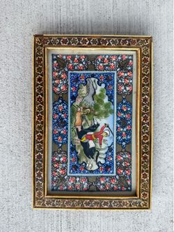 Vintage Persian Miniature Painting Hunting Scene Khatam Frame Hand Painted