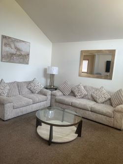 Sofa loveseat, coffee, table, 2 end tables, lamps, mirror, pictures, and dining table Sofa loveseat, coffee, table, 2 end tables, lamps, mirror, pictu