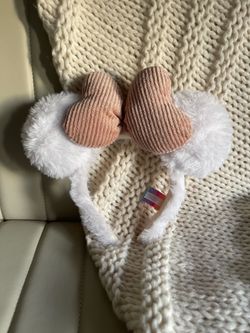 Disney Parks Pink Sherpa Minnie Mouse Ear Headband with White Corduroy Bow