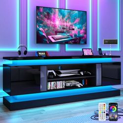 71" TV Stand with LED Lights & Power Outlet for 85/80/75 Inch TV, Modern Gaming Entertainment Center with High Gloss Cabinet, Media TV Console for Liv