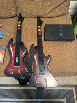 PS2 Console + 2 Guitar Hero Guitars + 20 Games Bundle (Tested)