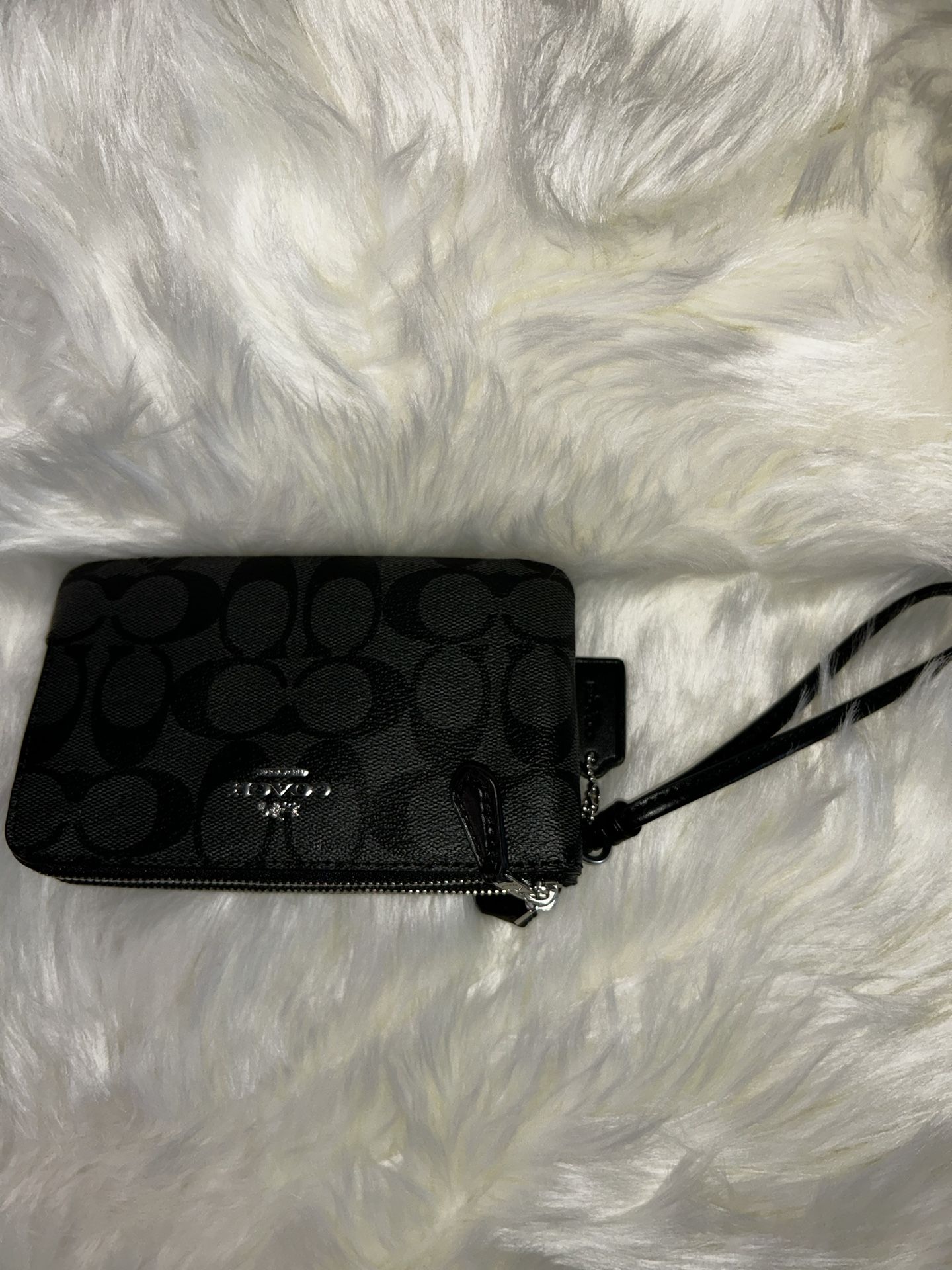 Coach Signature PVC Double Corner Zip Wristlet in black smoke