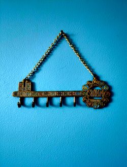 vintage brass wall key holder featuring the word "Shalom" and symbols 8.5"