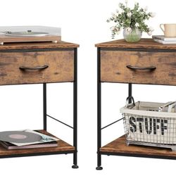 NEW Nightstand Set of 2, End Table with Fabric Storage Drawer and Open Wood Shelf