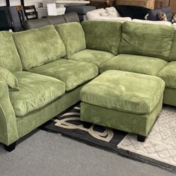 New Sage 99x99 Corduroy Sectional Couch With Ottoman / Free Delivery