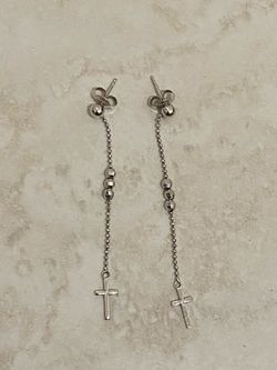 14K White Gold Dangle Cross Triple Bead Earrings