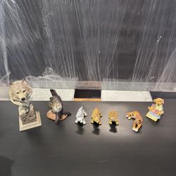 Lot of 7 Animal Figurines – Wolf, Fish, Tiger Cubs, Lion Cub & Teddy Bear – Mixed Resin & Plastic Figures