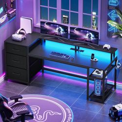 59" Office Desk with Drawers, Reversible Computer Desk with File Drawers & Storage, Gaming Desk with LED Lights & Power Outlet,Black