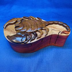 Beautiful Hand Carved Intarsia Wood Secret Puzzle Box With Scorpion