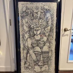 Thai Deity Wall Art Hand Drawn Black Ink on Textured Paper Glass Framed 30”x57”