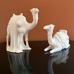 Set of Two Ceramic Bisque Camel Figurines Unpainted Unglazed 9”x10” & 5.75”x9”