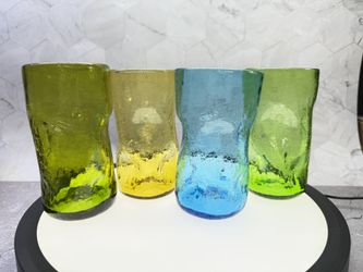 Set of (4) Vintage Blenko hand-blown crackle glass tumblers,  Popular "dimple" style. Known for their vibrant colors, unique crinkle/crackled texture,