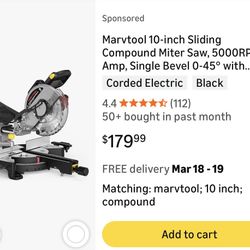 MarvTool 10-inch Compound Miter Saw, 5000RPM, 15 Amp, Single Bevel 0-45° with Extension Table, 36T Blade