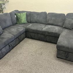Black Corduroy Sectional With Sleeper Sofa And USB Ports 