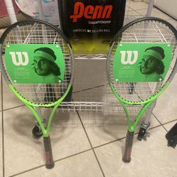 Combo: Wilson Blade Feel RXT 105 Adult Tennis Racket - Green/Grey, Grip Size 3 - 4 3/8", 11.04oz Strung