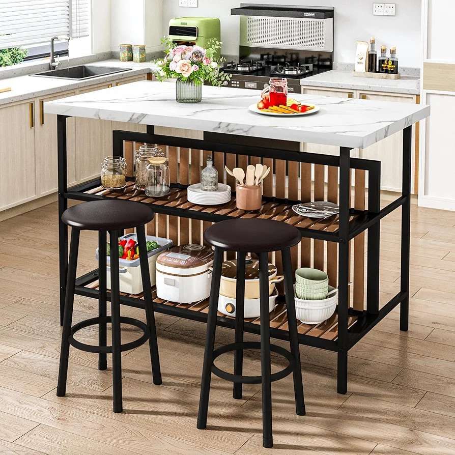 Kitchen Island with Stools & Storage, Modern Dining Table Set for 2, 3 Piece Kitchen & Dining Room Sets Island Table for Small Space, Apartment, Home