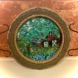 Round Wood BARN Painting Rustic Tray Metal Rope