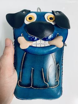 New Handmade Blue Leather Smiling Puppy Handbag