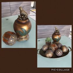 Decor - vintage brass tray, decorative embedded glass balls, and bird-top container nic nac