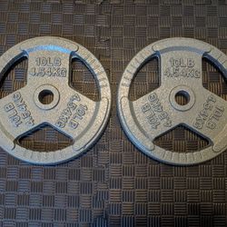 Two 10 pound weight plates 1-inch center hole