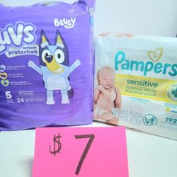 Luvs Bluey Size 5 Diapers & Pampers Wipes