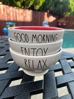 3pc Ceramic Bowl Set White Round Blue/Red Rims GOOD MORNING ENJOY RELAX