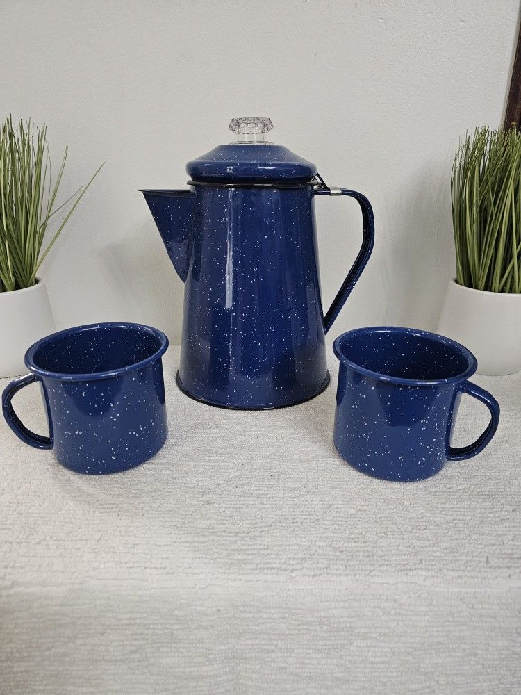 Enamelware Blue Speckled Coffe Pot Percolator & Mug Set Camping Farmhouse