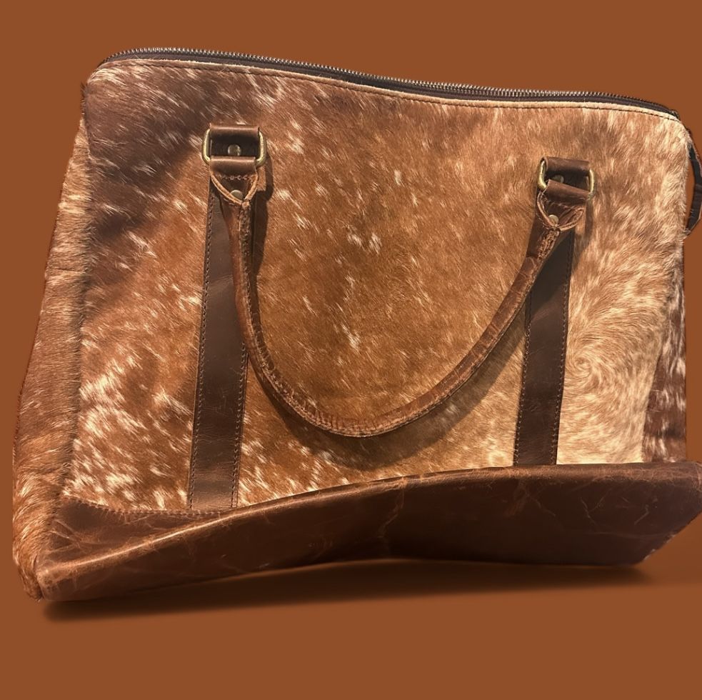 Brown Faux Cowhide Leather Tote Bag With Zipper Closure , Interior Zipper Pocket