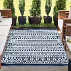 8' x 10' Flatweave Outdoor Stripe Area Rug-Reversible-Hose Washable-Blue/White-Brand New