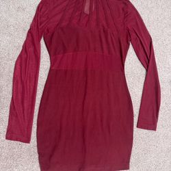New small Burgandy red long sleeve short stretchy mesh sheer dress