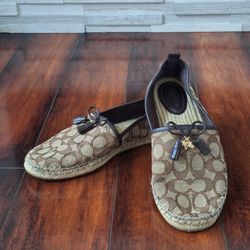 Coach Signature C Logo Espadrille Flats Brown Canvas Tassel Bow Women’s 7.5