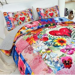 Colorful Flower Quilt Set, Cartoon Plants Coverlet, Microfiber Lightweight Bedding for Room Decoration, All Season 