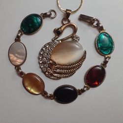 c1960 SWAN PENDANT w/lucite Cabochons + LUCITE CABOCHON BRACELET