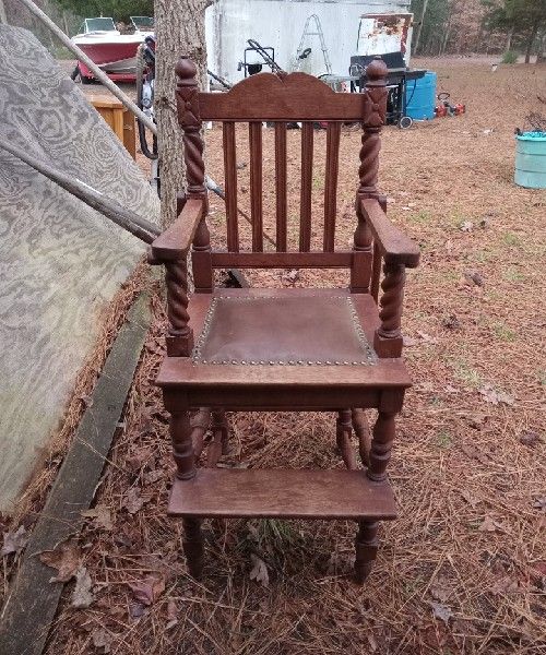 1920s Art Deco Wooden High Chair With Leather Seat