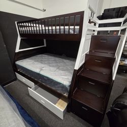 Brand New Twin Full Bunkbed With Staircase Storage , 2 Bottom Drawers Mattress Included $799