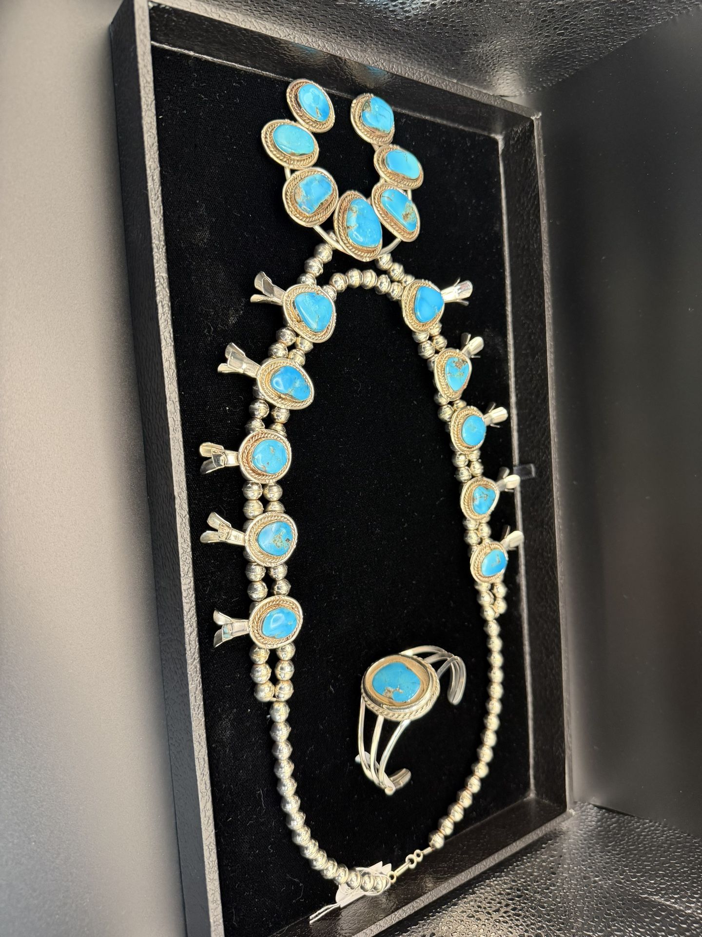 Navajo Sterling Squash Blossom Turquoise Necklace And Bracelet  