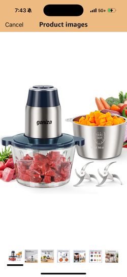 GANIZA Food Processors, Electric Chopper with Meat Grinder & Veggie Chopper - 2 Bowls with Powerful Copper Motor - Includes 2 Sets of Bi-Level Blades 