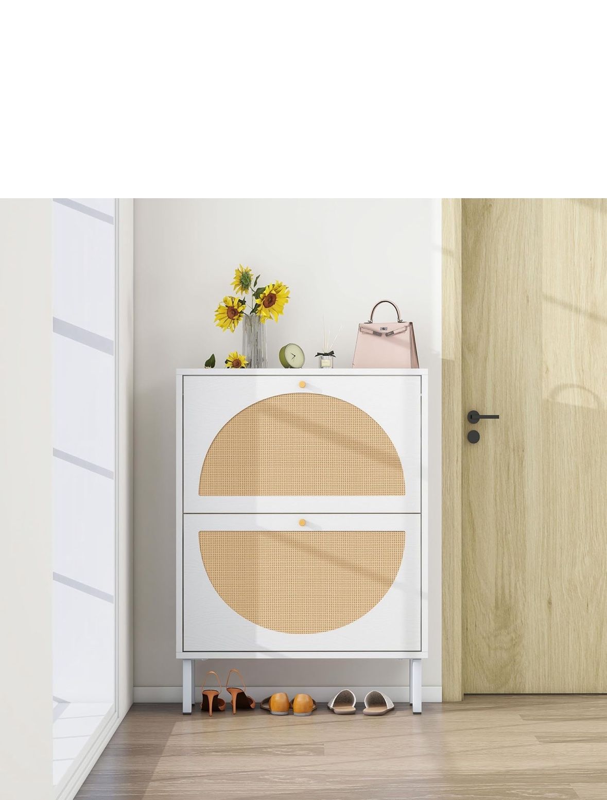 White Rattan Shoe Storage Cabinet for Entryway