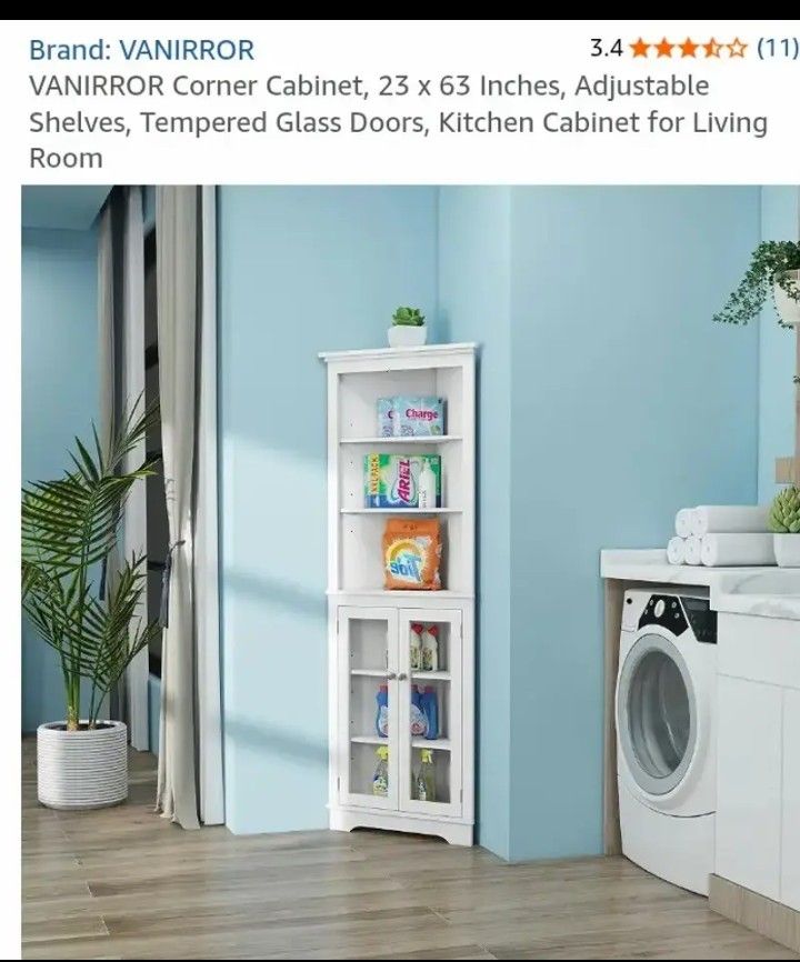Brand: VANIRROR
Corner Cabinet, 23 x 63 Inches, Adjustable Shelves, Tempered Glass Doors, Kitchen Cabinet for Living Room...NEW OUT OF BOX AND ALREADY