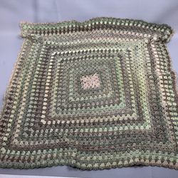 Crochet BABY BLANKET AFGHAN Lap Granny Square 28"x 27" Green Brown Handmade