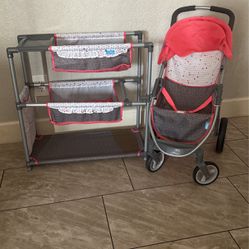 Toy Stroller And Toy Double Crib With Compartments 