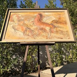 Meaningful Oil On Board Painting Of Stallions 