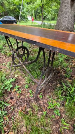 Custom Gothic Industrial Console Table – Vintage Piano Top & Cast-Iron Treadle Base